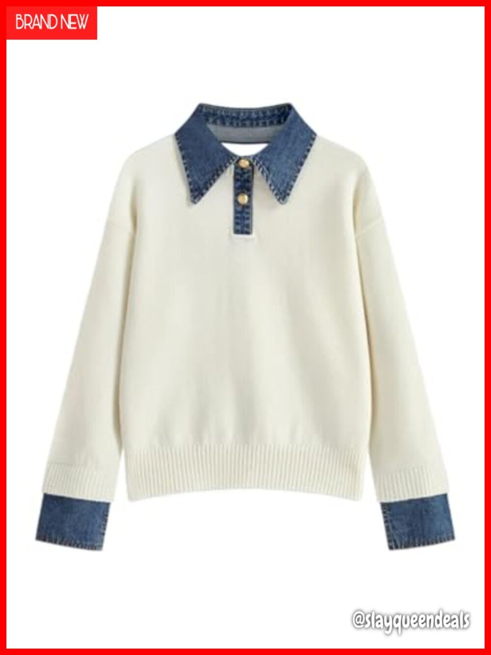 Oversized Polo Sweater Button Up Denim Lapel Pullover Long Sleeve Collared Knit